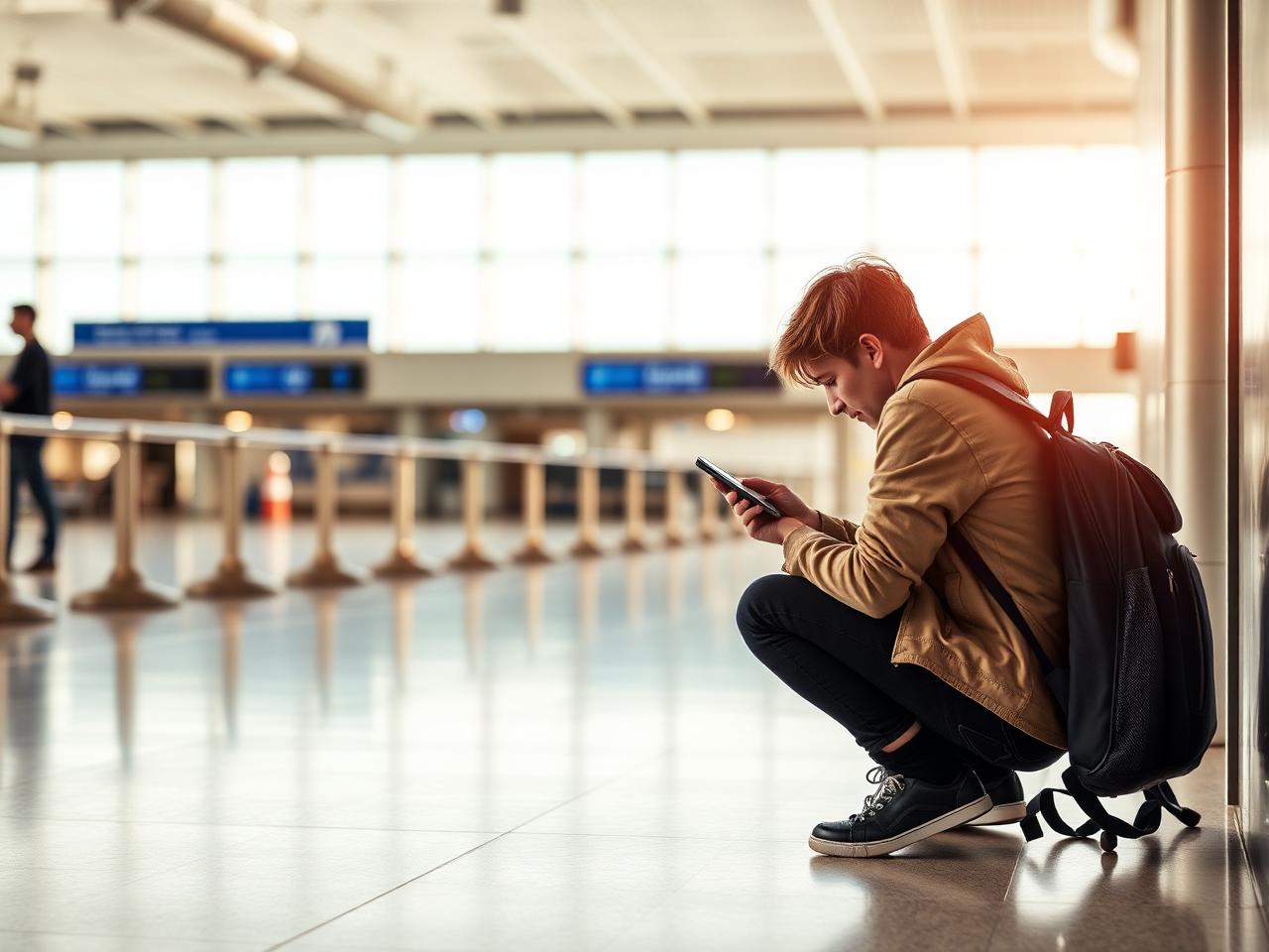 Voyageur agenouillé à côté d'un sac à l'aéroport, regardant son téléphone