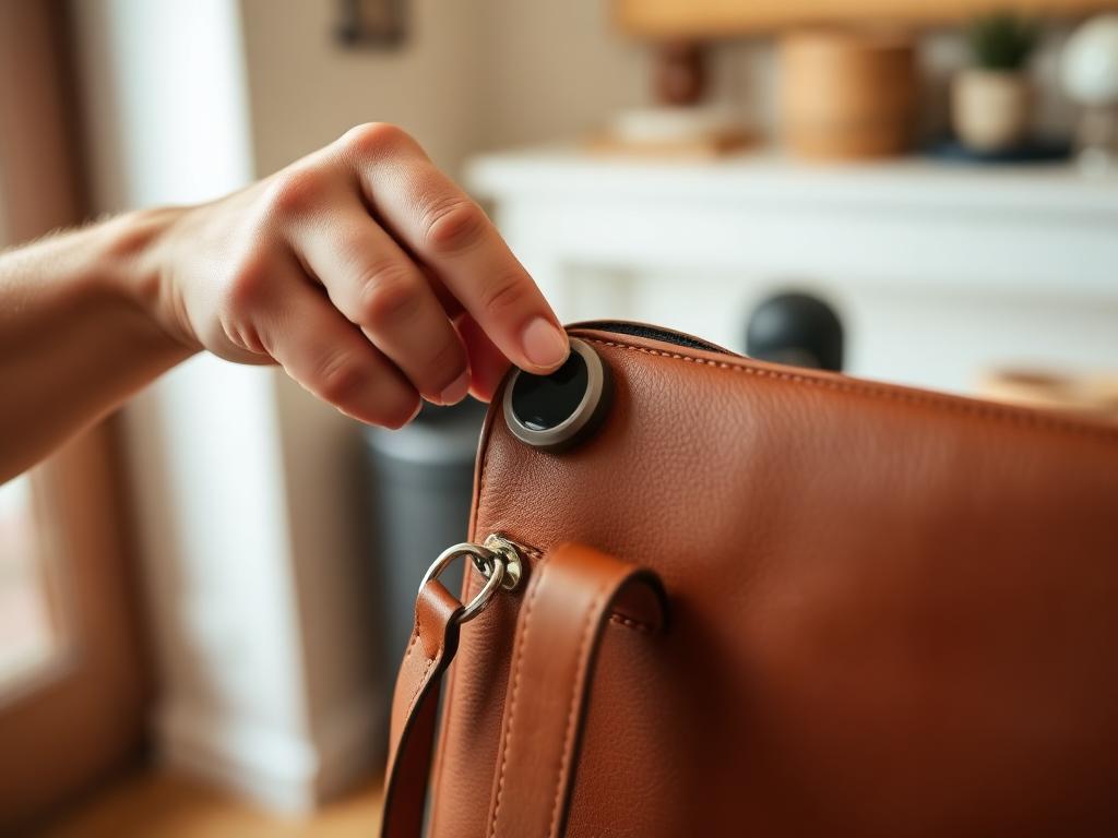 Fixation du FraMag Tag sur un sac en cuir